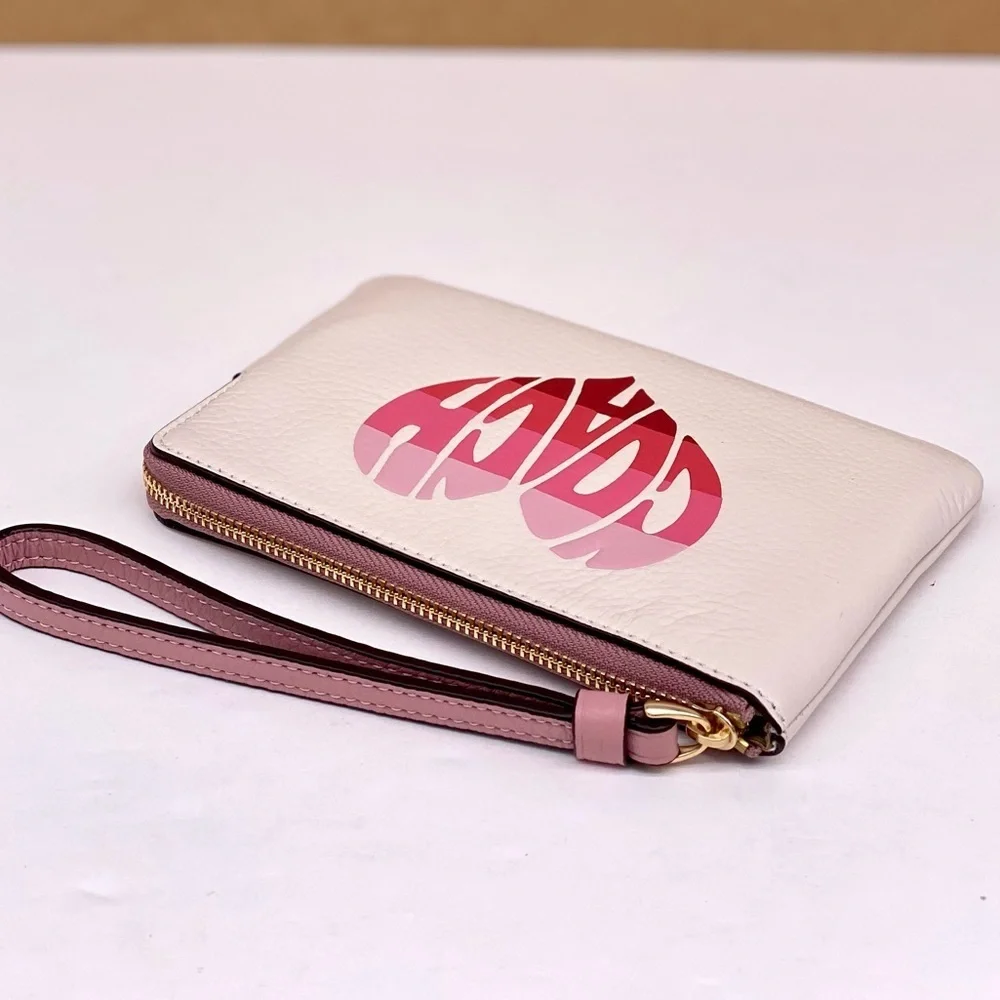 COACH Corner Zip Wristlet Wallet With Stripe Heart Motif